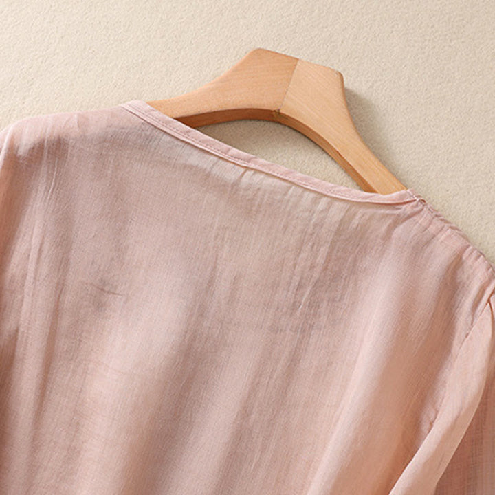 Buddha Stonesアーティスティック 無地 花柄 刺繍デザイン クルーネック パフ 半袖 コットン リネン レディース Tシャツ - image 8