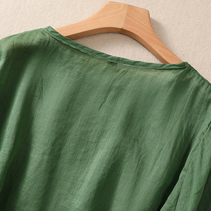 Buddha Stonesアーティスティック 無地 花柄 刺繍デザイン クルーネック パフ 半袖 コットン リネン レディース Tシャツ - image 21