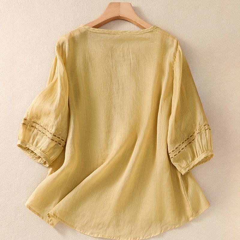 Buddha Stonesアーティスティック 無地 花柄 刺繍デザイン クルーネック パフ 半袖 コットン リネン レディース Tシャツ - image 13