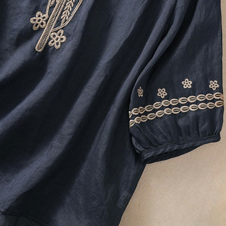 Buddha Stonesの無地花柄刺繍デザイン クルーネック パフスリーブ ハーフスリーブ レディースTシャツ - image 3