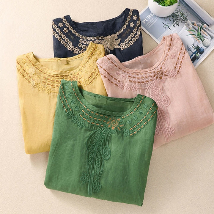Buddha Stonesアーティスティック 無地 花柄 刺繍デザイン クルーネック パフ 半袖 コットン リネン レディース Tシャツ - image 26