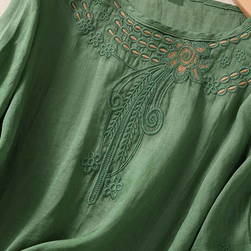Buddha Stonesの無地花柄刺繍デザイン クルーネック パフスリーブ ハーフスリーブ レディースTシャツ - image 22