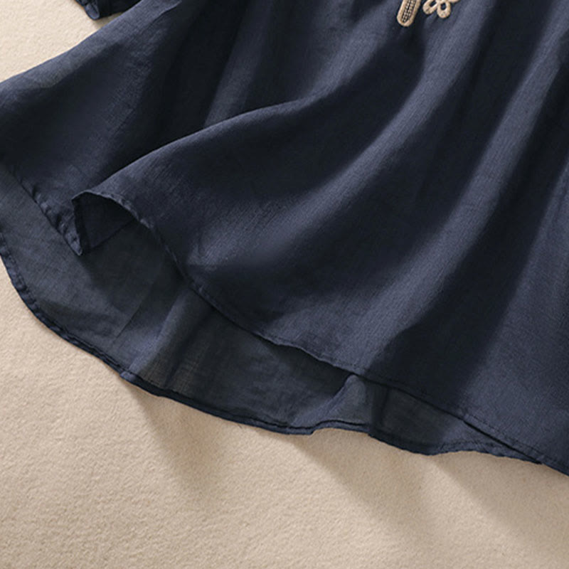 Buddha Stonesアーティスティック 無地 花柄 刺繍デザイン クルーネック パフ 半袖 コットン リネン レディース Tシャツ - image 4