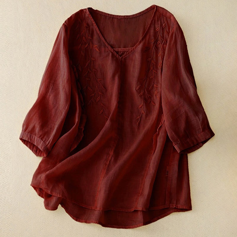 Buddha Stonesカジュアル 無地 刺繍 柳葉 半袖 Vネック レディース シャツ - 茶色 - US8-10，UK/AU12-14，EU40-42 (2XL) - image 8