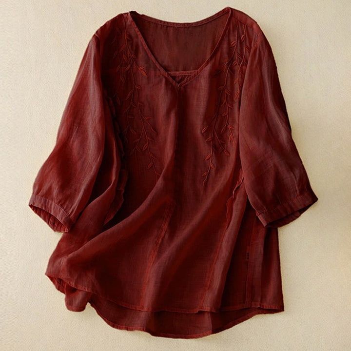 Buddha Stonesカジュアル 無地 刺繍 柳葉 半袖 Vネック レディース シャツ - 茶色 - US8-10，UK/AU12-14，EU40-42 (2XL) - image 8