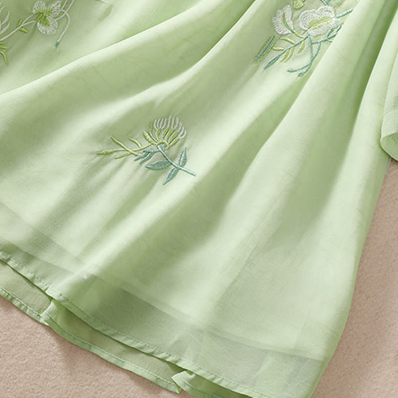 Buddha Stones刺繍植物花半袖無地フロッグボタンスタンドカラーレディースシャツ - image 7