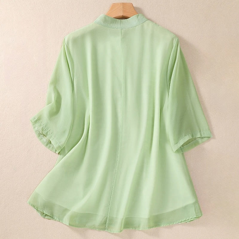 Buddha Stones刺繍植物花半袖無地フロッグボタンスタンドカラーレディースシャツ - image 1