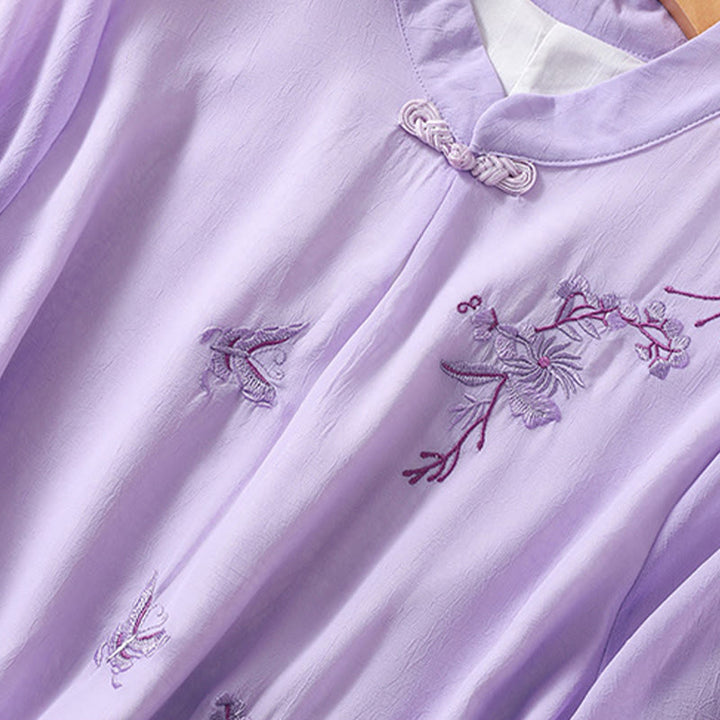 Buddha Stones刺繍植物花半袖無地フロッグボタンスタンドカラーレディースシャツ - image 22