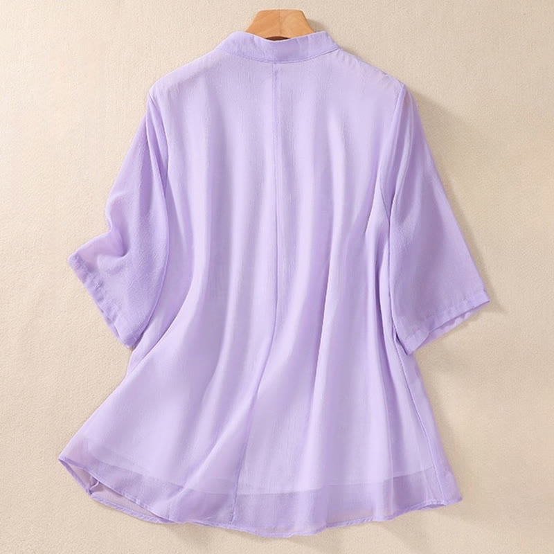 Buddha Stones刺繍植物花半袖無地フロッグボタンスタンドカラーレディースシャツ - image 20