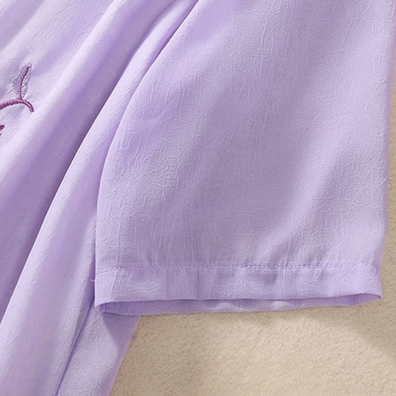 Buddha Stones刺繍植物花半袖無地フロッグボタンスタンドカラーレディースシャツ - image 24