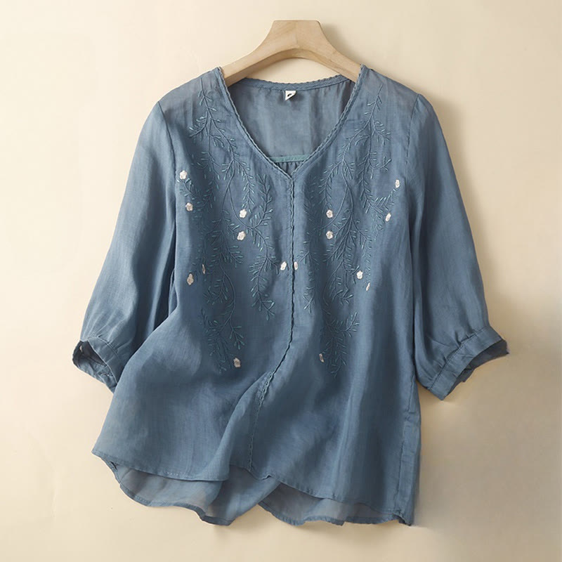 Buddha Stones夏 カジュアル 花 枝 刺繍柄 Vネック 半袖 コットン リネン レディース Tシャツ