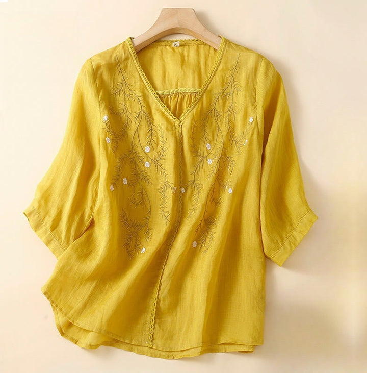 Buddha Stones夏 カジュアル 花 枝 刺繍柄 Vネック 半袖 コットン リネン レディース Tシャツ