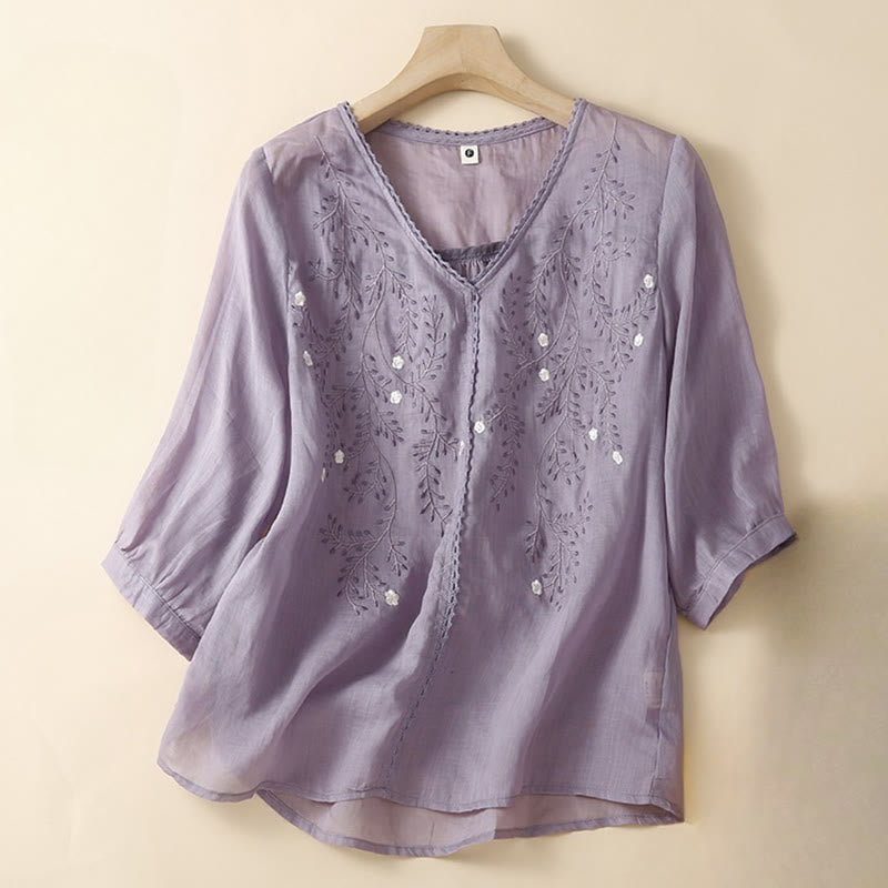 Buddha Stones夏 カジュアル 花 枝 刺繍柄 Vネック 半袖 コットン リネン レディース Tシャツ