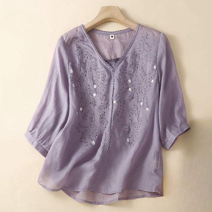 Buddha Stones夏 カジュアル 花 枝 刺繍柄 Vネック 半袖 コットン リネン レディース Tシャツ