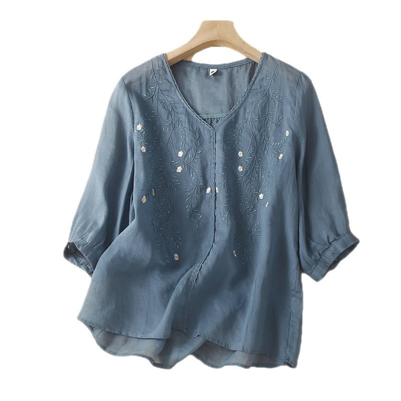Buddha Stones夏 カジュアル 花 枝 刺繍柄 Vネック 半袖 コットン リネン レディース Tシャツ