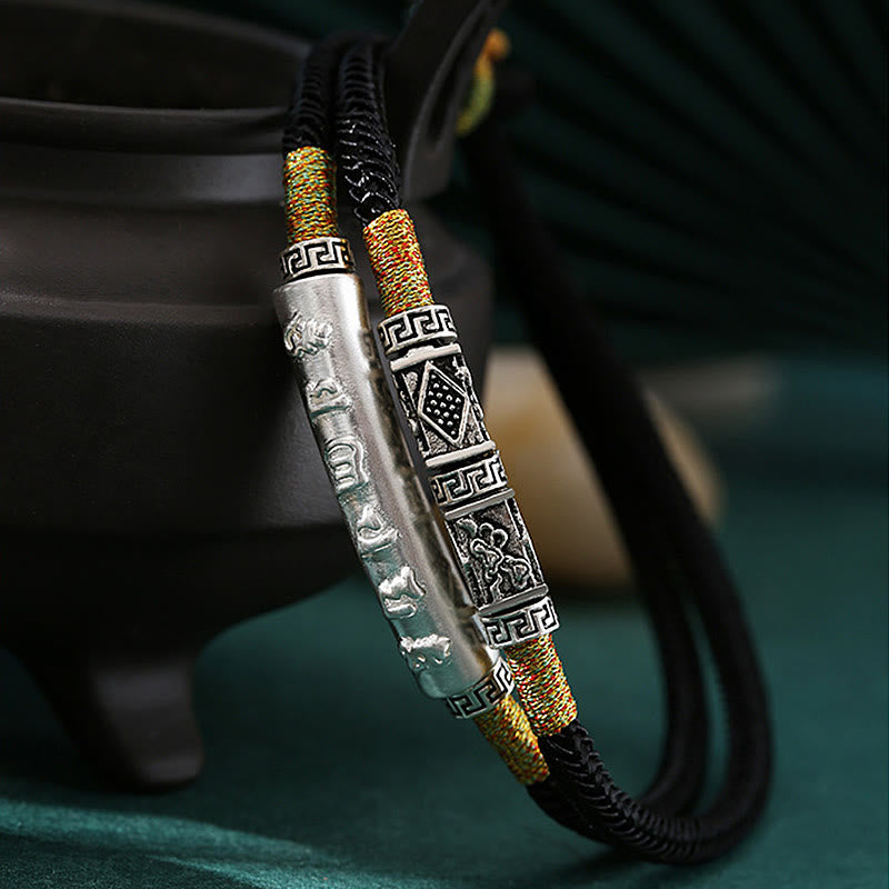 Buddha Stonesドラゴンノットスターリングシルバーオーム・マニ・パドメ・フムダブルハンド編みブレスレット