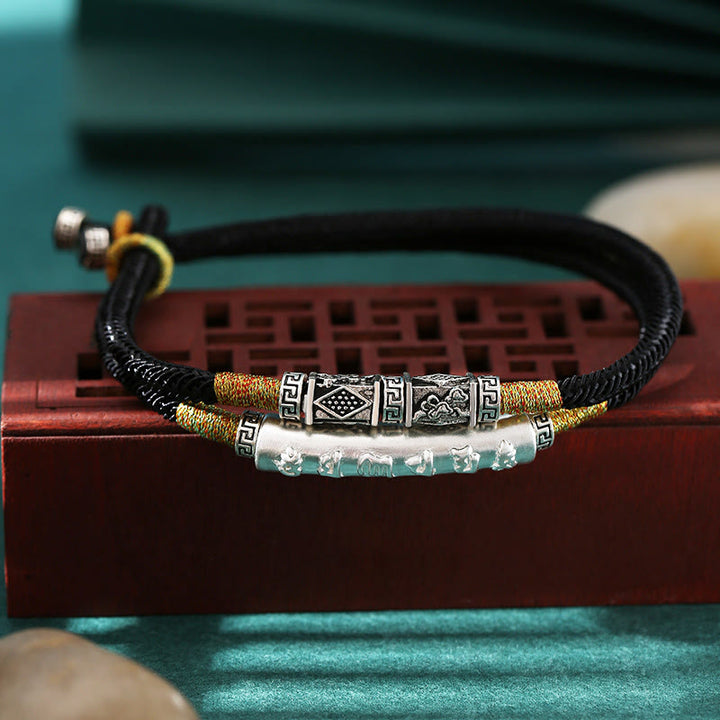 Buddha Stonesドラゴンノットスターリングシルバーオーム・マニ・パドメ・フムダブルハンド編みブレスレット