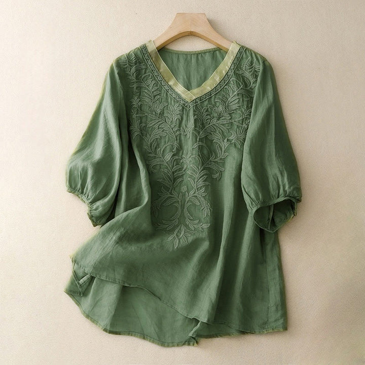 Buddha Stonesヴィンテージ カジュアル ピュアリーフ刺繍 Vネック 半袖 コットン レディース Tシャツ