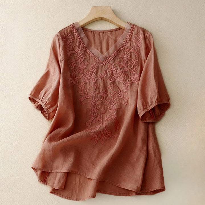 Buddha Stonesヴィンテージ カジュアル ピュアリーフ刺繍 Vネック 半袖 コットン レディース Tシャツ