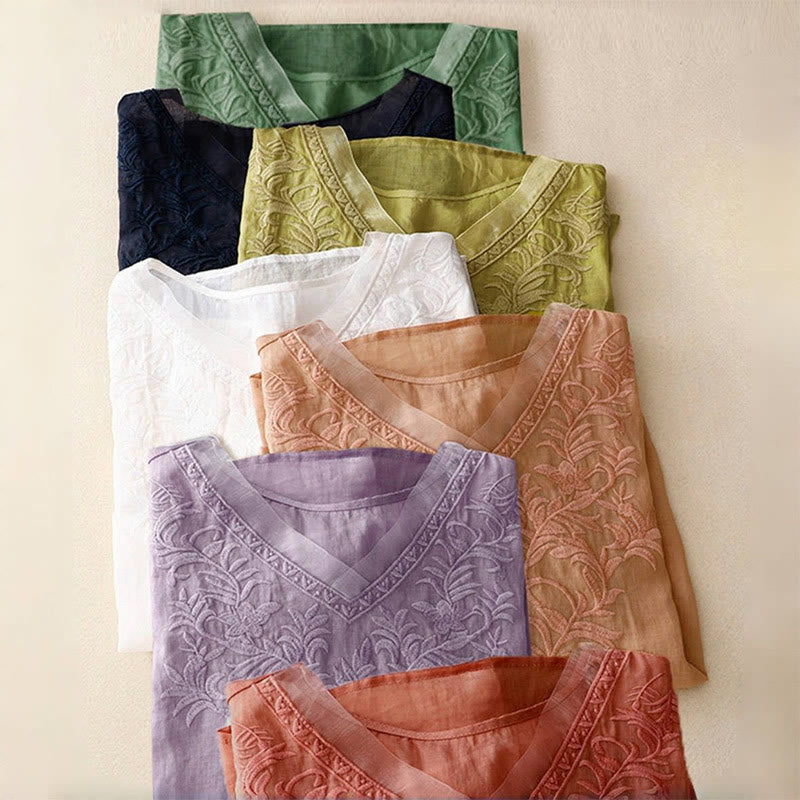 Buddha Stonesヴィンテージ カジュアル ピュアリーフ刺繍 Vネック 半袖 コットン レディース Tシャツ