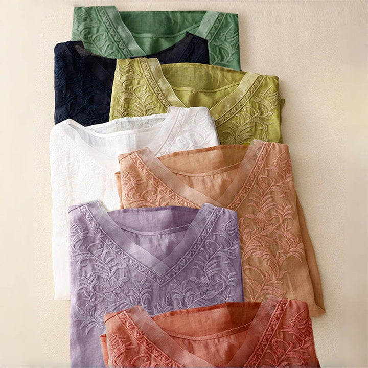 Buddha Stonesヴィンテージ カジュアル ピュアリーフ刺繍 Vネック 半袖 コットン レディース Tシャツ