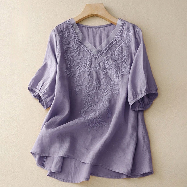 Buddha Stonesヴィンテージ カジュアル ピュアリーフ刺繍 Vネック 半袖 コットン レディース Tシャツ