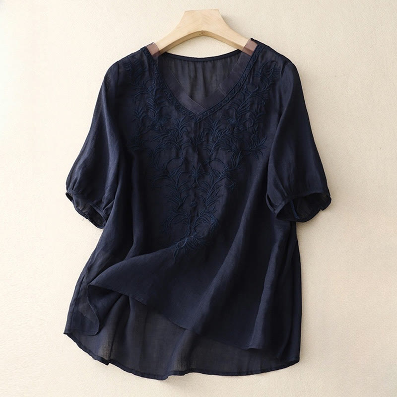 Buddha Stonesヴィンテージ カジュアル ピュアリーフ刺繍 Vネック 半袖 コットン レディース Tシャツ