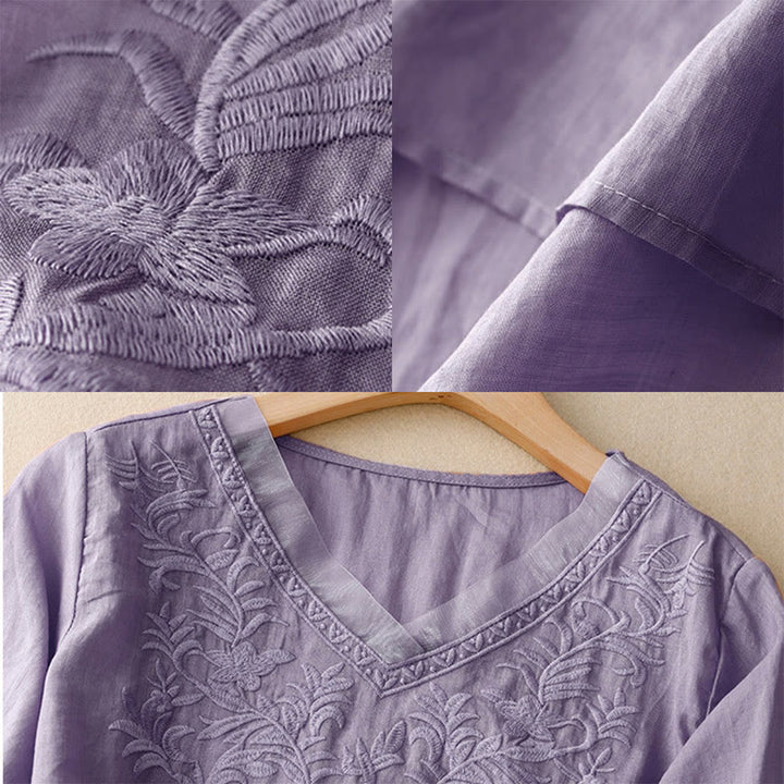 Buddha Stonesヴィンテージ カジュアル ピュアリーフ刺繍 Vネック 半袖 コットン レディース Tシャツ