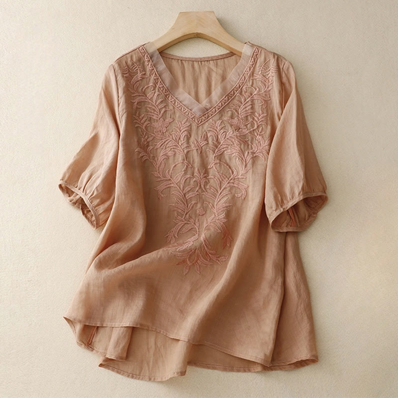 Buddha Stonesヴィンテージ カジュアル ピュアリーフ刺繍 Vネック 半袖 コットン レディース Tシャツ