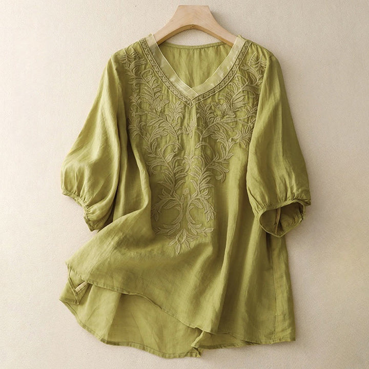 Buddha Stonesヴィンテージ カジュアル ピュアリーフ刺繍 Vネック 半袖 コットン レディース Tシャツ