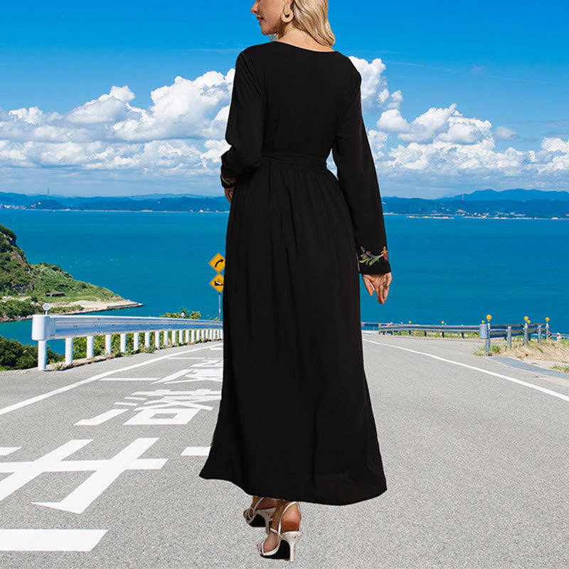 Buddha Stonesブラック 無地 ゆったり エスニック 刺繍 花柄 コットン マキシワンピース - image 1