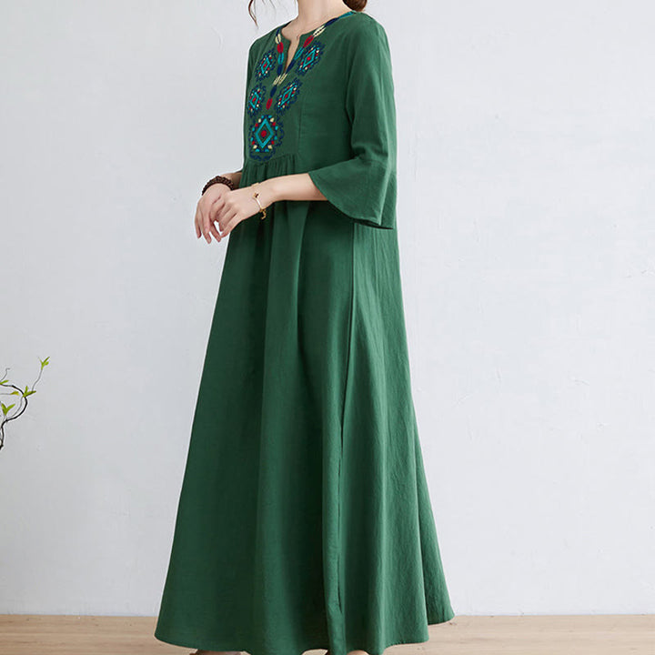 Buddha Stonesゆったり 無地 エスニック 刺繍 花柄 七分袖 コットン リネン マキシワンピース - image 16