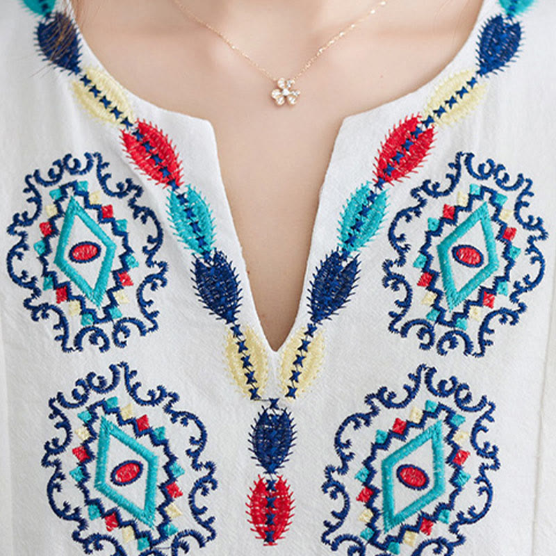 Buddha Stonesゆったり 無地 エスニック 刺繍 花柄 七分袖 コットン リネン マキシワンピース - image 5