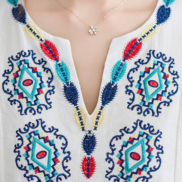 Buddha Stonesゆったり 無地 エスニック 刺繍 花柄 七分袖 コットン リネン マキシワンピース - image 5