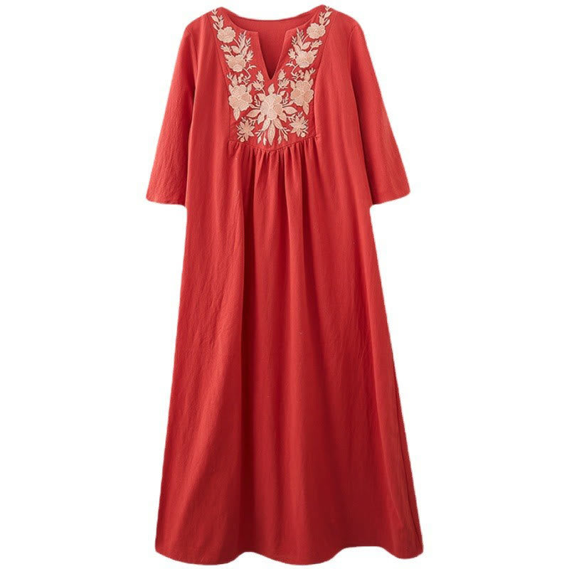 Buddha Stonesカジュアル ボヘミア 刺繍 花柄 シンプルデザイン 七分袖 Vネック コットンリネン マキシドレス - image 17