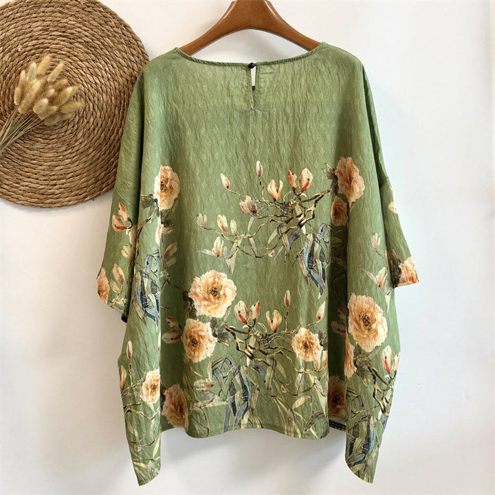 Buddha Stonesカジュアル ルーズプリント 花びら レディース クルーネックデザイン 半袖 ポリエステル Tシャツ