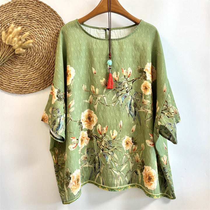Buddha Stonesカジュアル ルーズプリント 花びら レディース クルーネックデザイン 半袖 ポリエステル Tシャツ