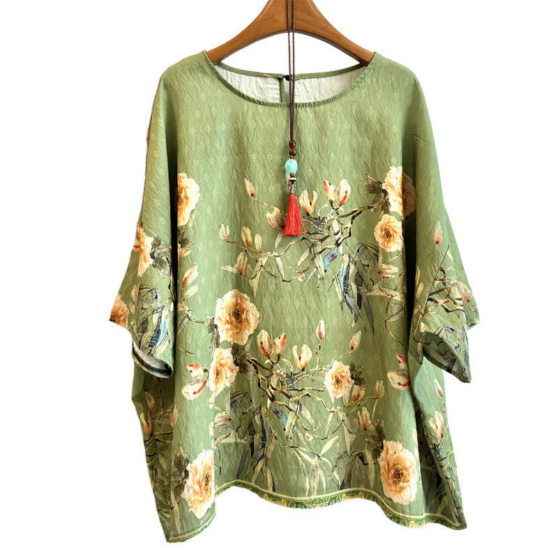 Buddha Stonesカジュアル ルーズプリント 花びら レディース クルーネックデザイン 半袖 ポリエステル Tシャツ