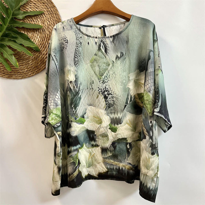 Buddha Stonesカジュアル ルーズ プリント モーニンググローリー ロープ レディース クルーネックデザイン 半袖 ポリエステル Tシャツ