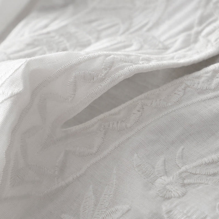 Buddha Stones夏 ホワイト ピュアカラー 刺繍 リーフ フラワー Vネック 半袖 ミディドレス ポケット付き - image 7