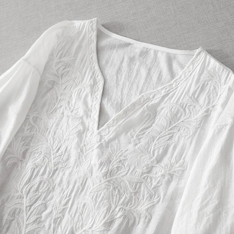 Buddha Stones夏 ホワイト ピュアカラー 刺繍 リーフ フラワー Vネック 半袖 ミディドレス ポケット付き - image 2