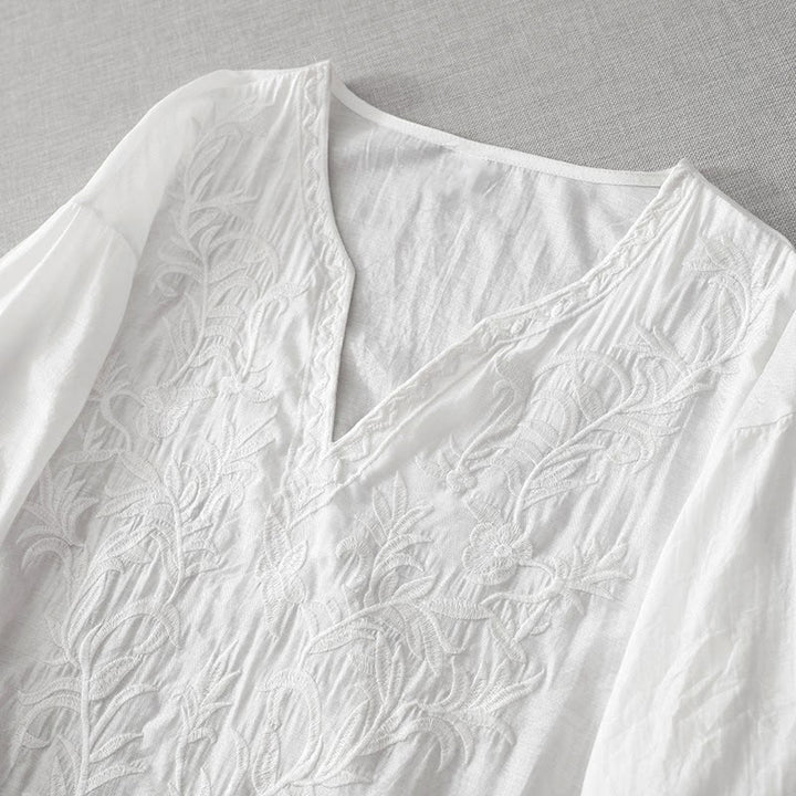 Buddha Stones夏 ホワイト ピュアカラー 刺繍 リーフ フラワー Vネック 半袖 ミディドレス ポケット付き - image 2
