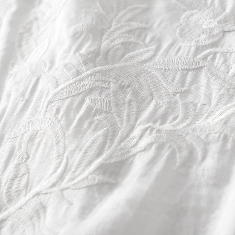 Buddha Stones夏 ホワイト ピュアカラー 刺繍 リーフ フラワー Vネック 半袖 ミディドレス ポケット付き - image 4