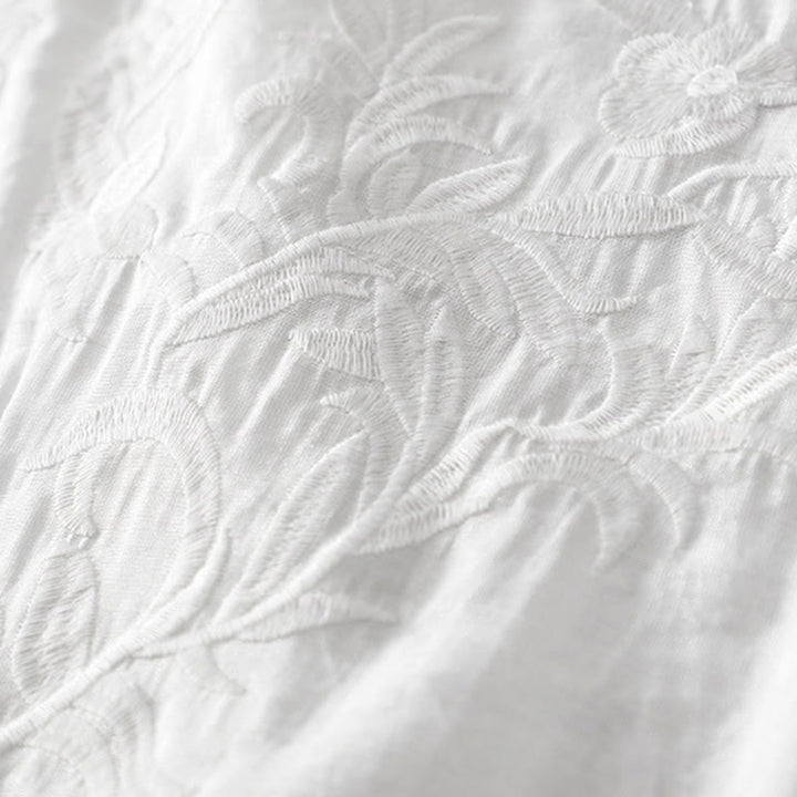 Buddha Stones夏 ホワイト ピュアカラー 刺繍 リーフ フラワー Vネック 半袖 ミディドレス ポケット付き - image 4