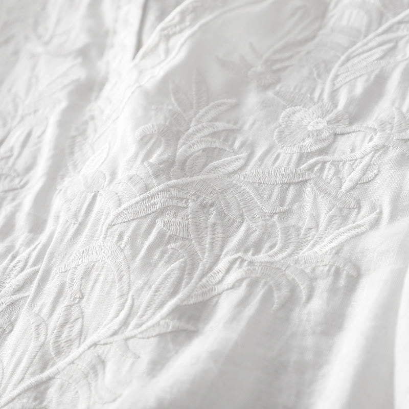 Buddha Stones夏 ホワイト ピュアカラー 刺繍 リーフ フラワー Vネック 半袖 ミディドレス ポケット付き - image 5