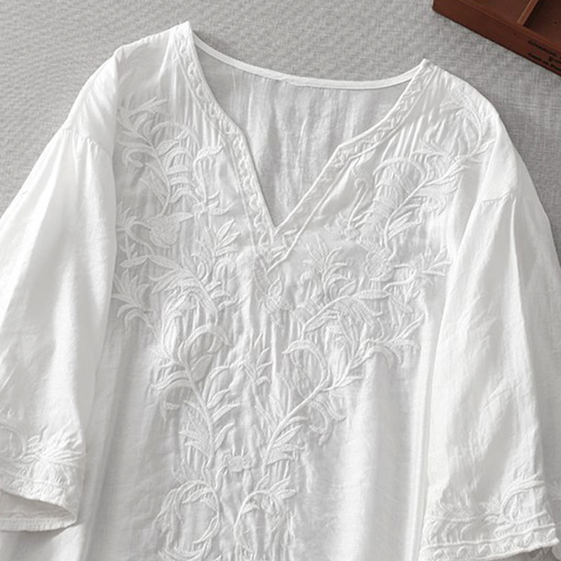 Buddha Stones夏 ホワイト ピュアカラー 刺繍 リーフ フラワー Vネック 半袖 ミディドレス ポケット付き - image 3