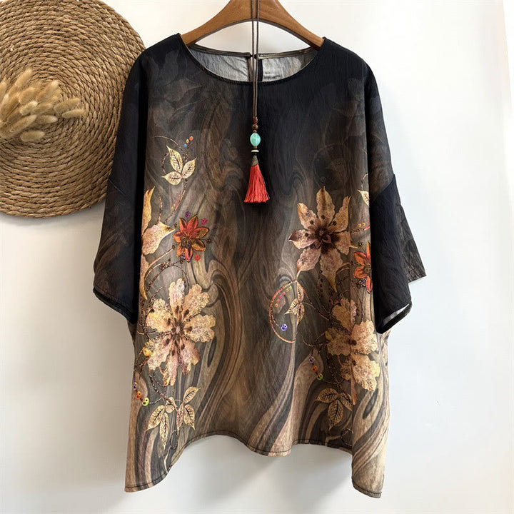 Buddha Stonesカジュアルゆったりプリント花葉レディースクルーネックデザイン半袖ポリエステルTシャツ