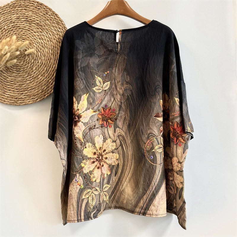 Buddha Stonesカジュアルゆったりプリント花葉レディースクルーネックデザイン半袖ポリエステルTシャツ