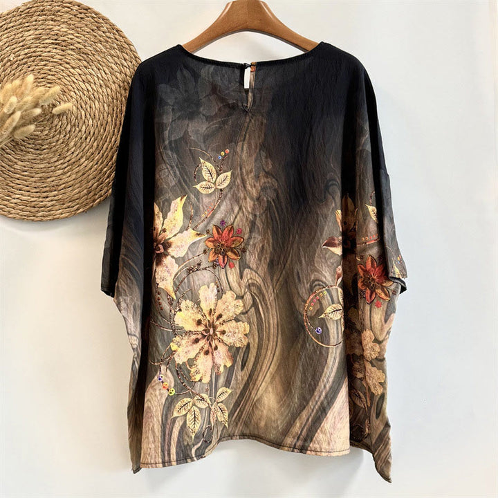 Buddha Stonesカジュアルゆったりプリント花葉レディースクルーネックデザイン半袖ポリエステルTシャツ