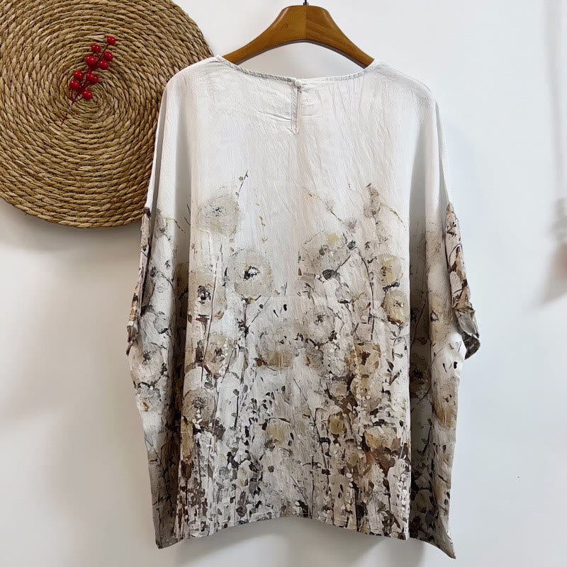 Buddha Stonesカジュアル ルーズ プリント ペタルブッシュ レディース クルーネックデザイン 半袖 ポリエステル Tシャツ